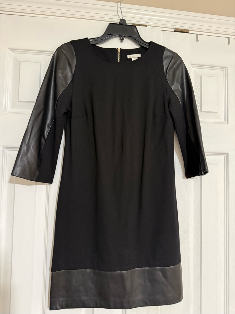 Black Faux-Leather Trim Midi Dress with 3/4 Sleeves